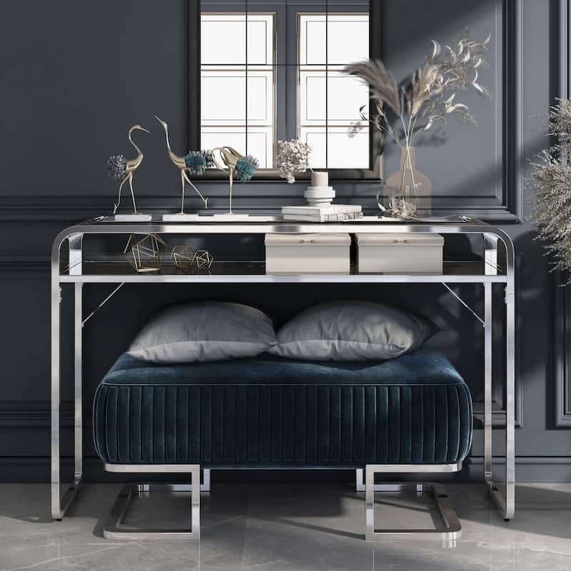Watler Contemporary 46-inch Glass Top 1-Shelf Sofa Table by Furniture of America - Silver