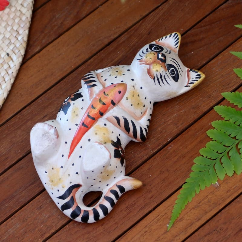 Novica Handmade Cat And Koi Wood Statuette