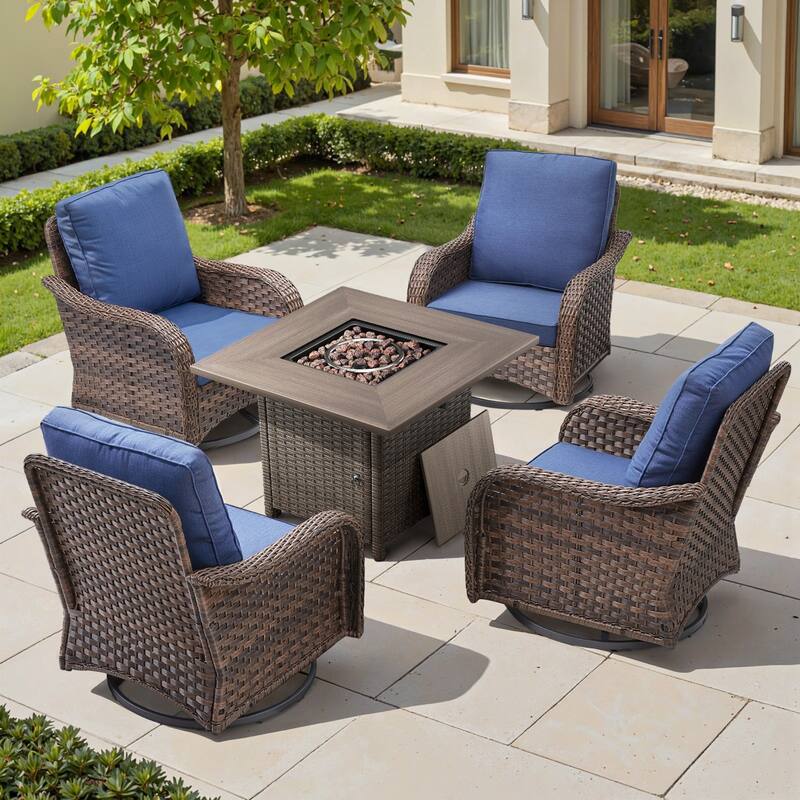 Cavira 5-Piece Brown Wicker Patio Fire Pit Set with 4 Swivel Glider Chairs