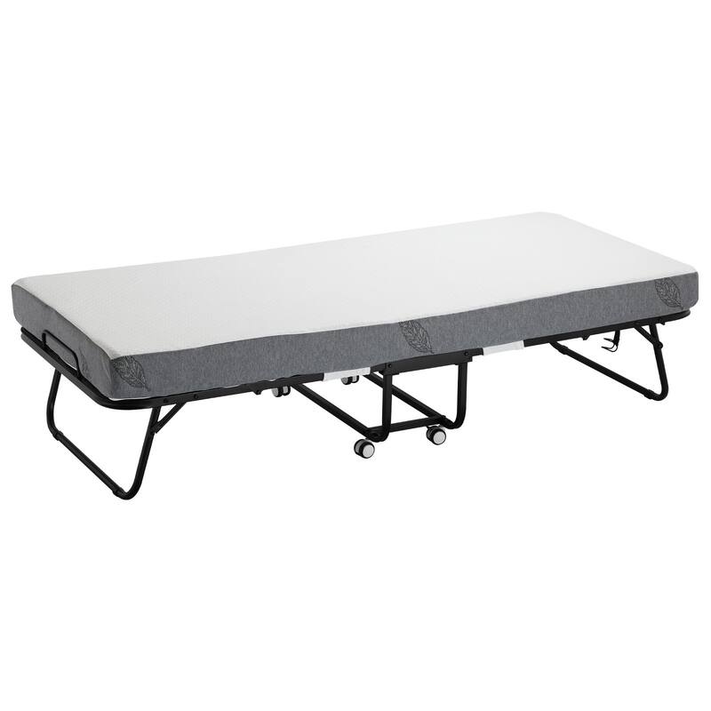 White Polyester Rollaway Folding Bed with 5 Inches Foam Mattress and Steel Frame