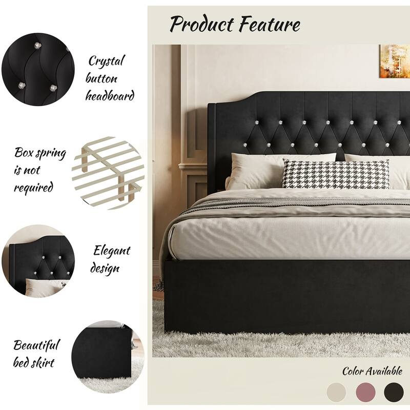 Tufted Upholstered Bed Frame with Crystal Button Accents