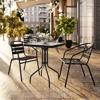 23.5" Square Glass Metal Table with 2 Metal Aluminum Slat Stack Chairs