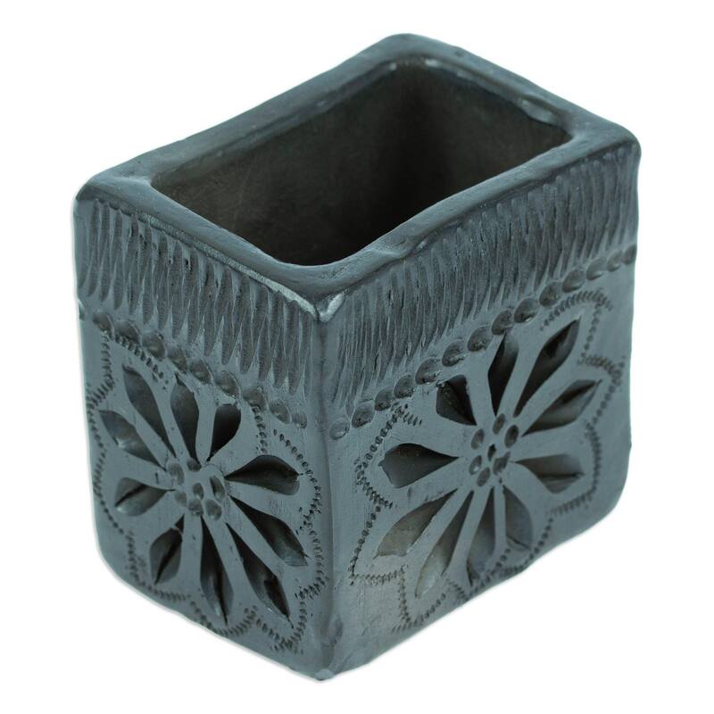 Novica Handmade Square & Flower Barro Negro Mini Flower Pot