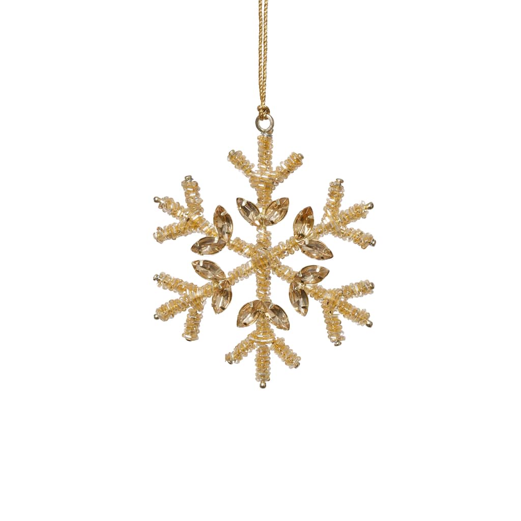Golden Beaded Snowflake Christmas Hanging Ornaments, Set of 12, 4"
