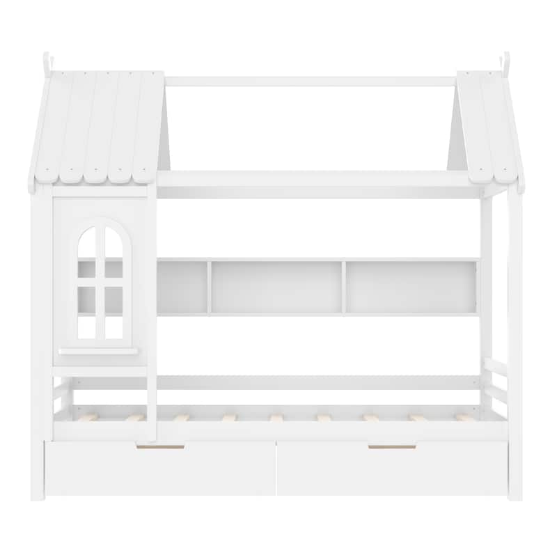 Charming House Bed for Girls, Boys Low Platform Bed Frame with Under-bed Drawers, Storage Shelves, Window and Roof