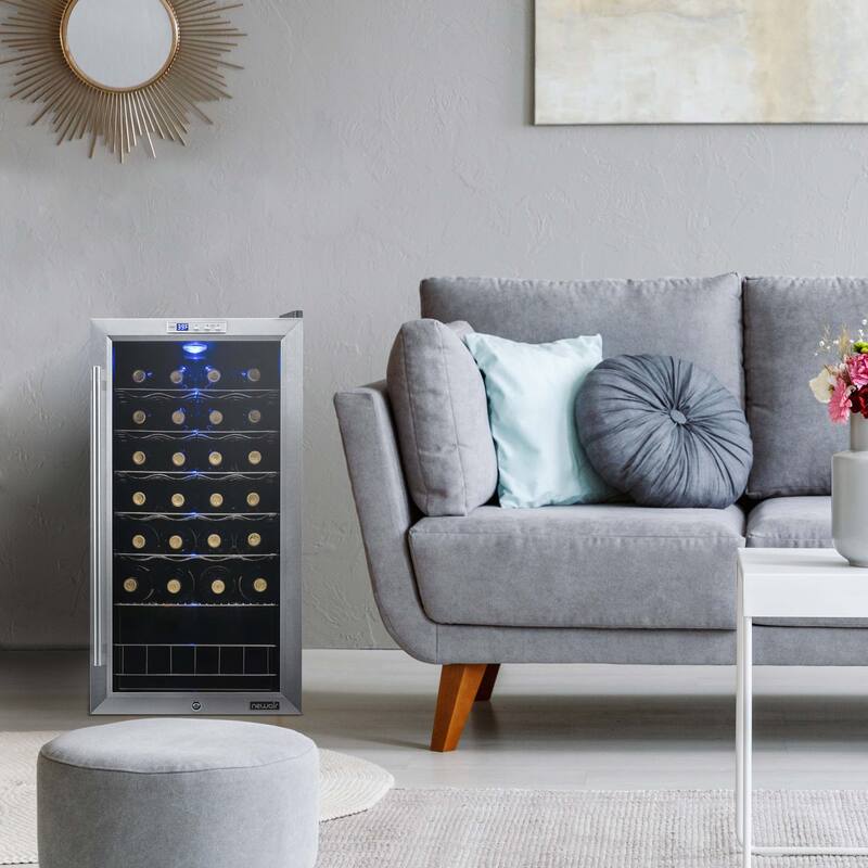 Newair Freestanding 27 Bottle Wine Fridge in Stainless Steel, Adjustable Chrome Racks and Exterior Digital Thermostat