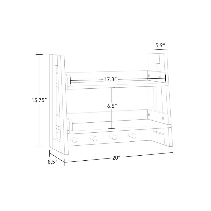 RiverRidge Amery 2-Tier Ladder Shelf with Hooks and Open Shelves for Bathroom, Entryway, and Living Room - White