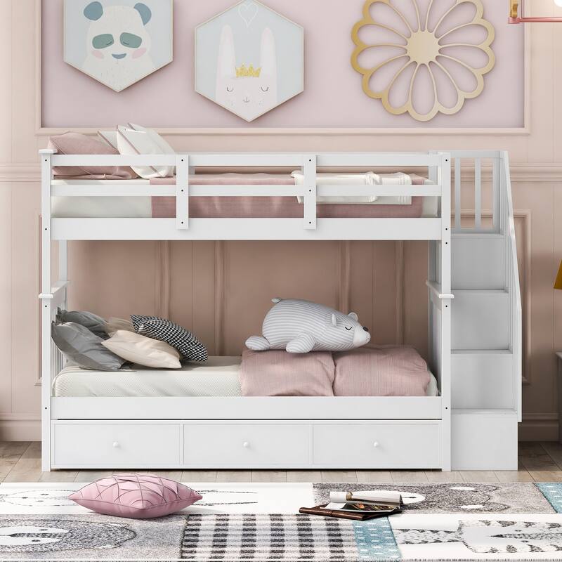 Twin Over Twin Bunk Bed with Stairs and Three Drawers, Wood Frame for Kids' Bedroom