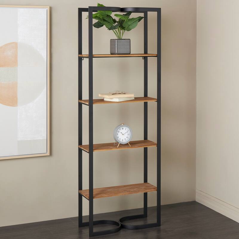 Metal 4 Tier Shelving Unit with Wood Shelves and Arched Designs - Black - Roche River Decor - 10"W x 24"L x 68"H