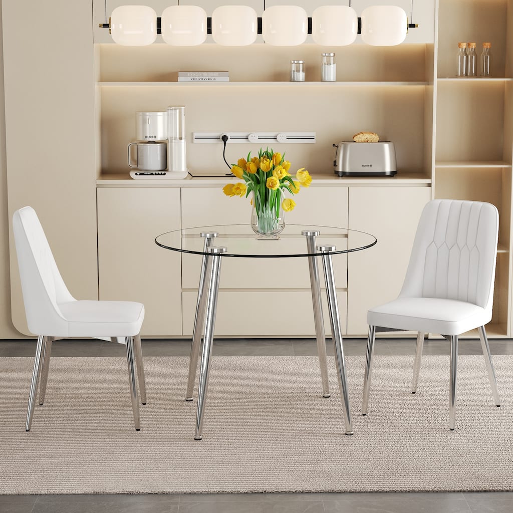 3 Piece/5 Piece Round Modern Glass Dining Table Set with PU Chairs, Metal Legs, Small Luxury Circular Dinner Room Table Set
