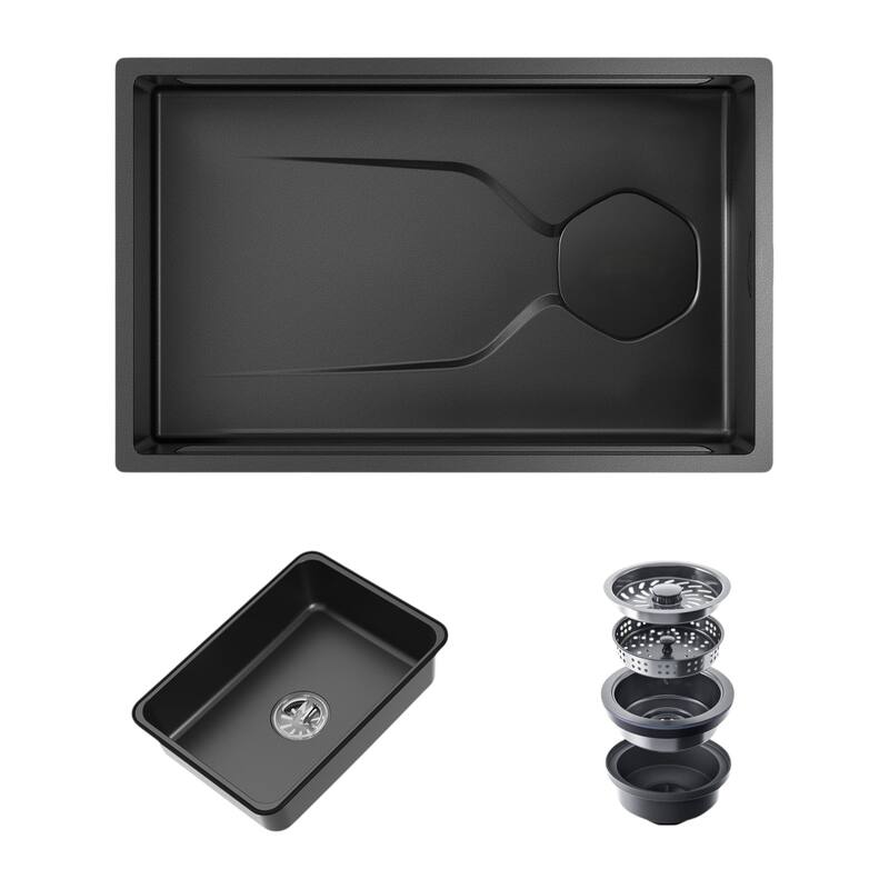 HomeRoots 9" X 30" Black Stainless Steel Undermount Kitchen Sink - 29.50 in. x 8.80 in. x 17.00 in.