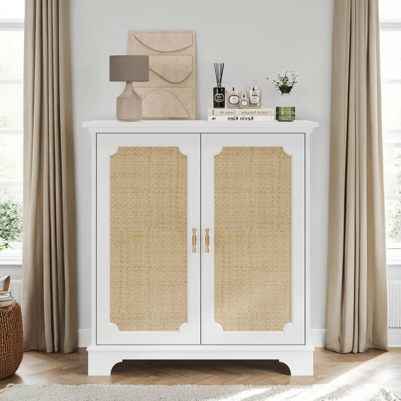 Sideboard Buffet Storage Liquor Cabinet with Rattan Decorated Doors - White