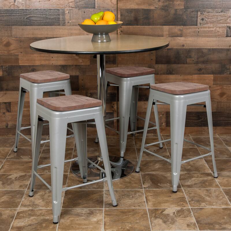 4 Pack 24" High Metal Indoor Counter Bar Stool with Wood Seat - Stackable Stool - Silver