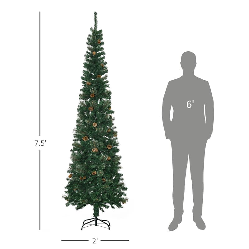 HOMCOM 7.5 ft. Pine Cone Decorated Slim Christmas Tree with Stand