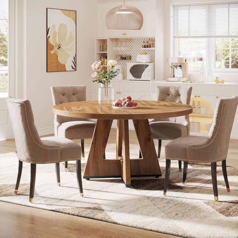 47" Round Wood Dining Table 4-Seater Farmhouse with Wooden Tabletop Cross Base for Dining Room/Kitchen