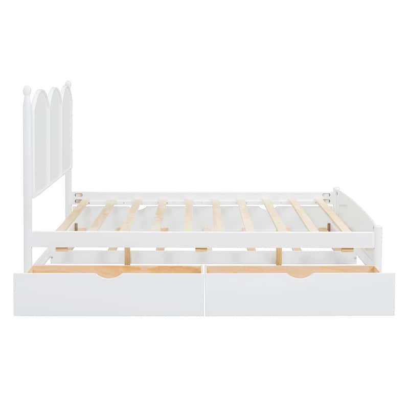 Queen Size Wood Platform Bed with 2 Drawers and Twin XL Trundle, Solid Wood Queen Bed Frame with Headboard, Wood Slats Support