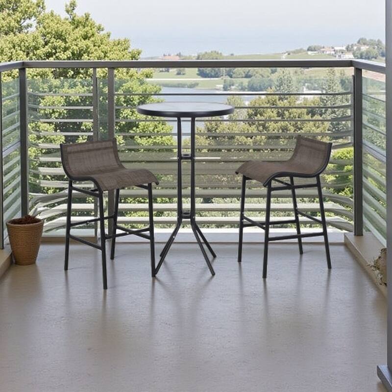 3-Piece Outdoor Pub Bistro Set with Round Glass-Top Table and 2 Bar Chairs, Weather-Resistant Patio Furniture for Garden聽 - Tan