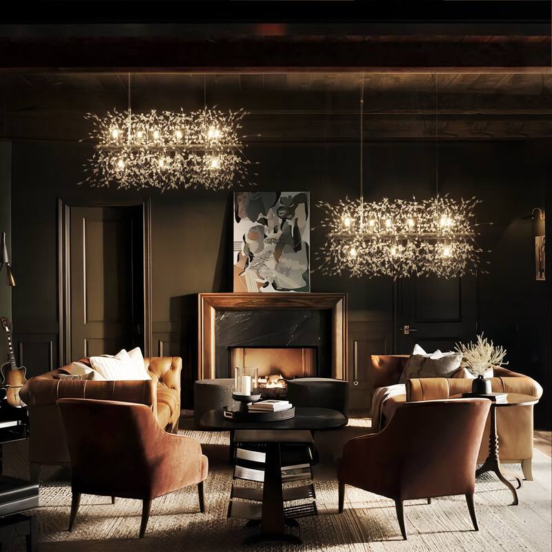 9/12-Light Linear Sputnik Crystal Beaded Pendant Light Firework Starburst Crystal Chandelier for Dining Room