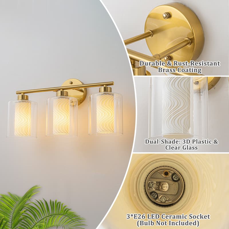 Modern Gold Vanity Light with Double Cylinder Shades Bathroom