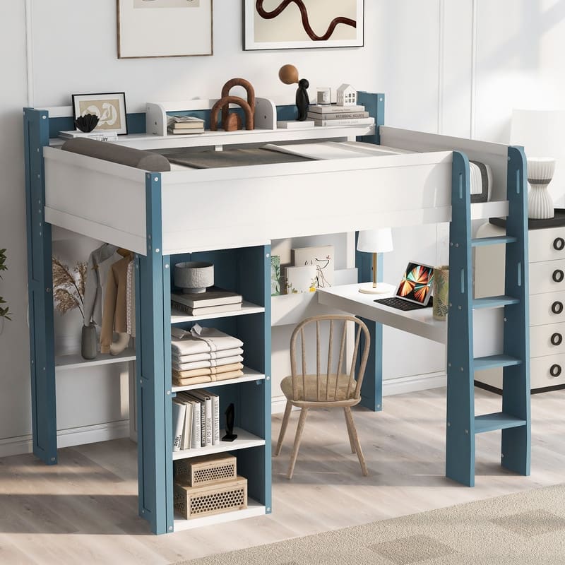 Full Size Wood Loft Bed with Built-in storage shelves, Clothes rails and Desk