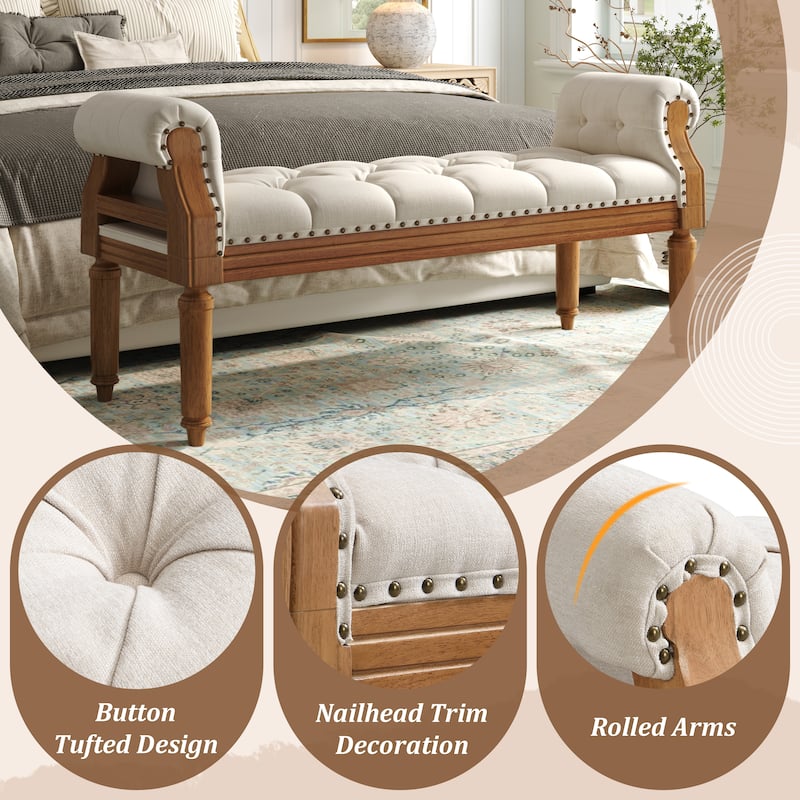 Christopher Knight Home - Mid-Century Solid Rubberwood Upholstered Bench with Rolled Arms, Button-Tufted Cushion & Nailhead Trim