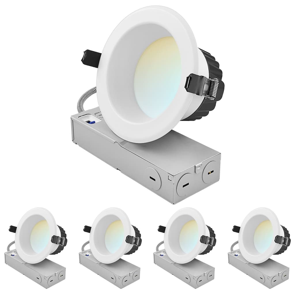 LUXRITE 4 Inch Commercial LED Recessed Light J-Box 5CCT 12/16/20W Dimmable 0-10V 1200/1600/2000LM 120-277V 4 Pack