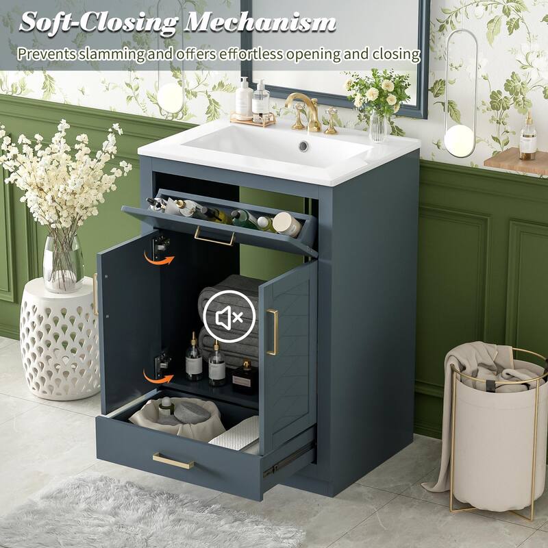 24" Bathroom Vanity with Integrated Ceramic Sink, Cabinet with 2 Doors, 1 Tip-out Drawer