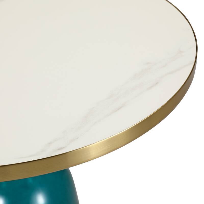 19-Inch Side Table Round Glass/Stone Tabletop End Table with Gold Iron Rim and Glass Base