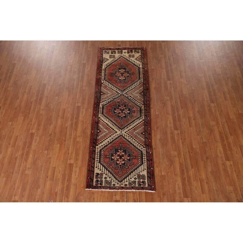 Geometric Bakhtiari Persian Vintage Runner Rug Handmade Wool Carpet - 3'1"x 9'1"