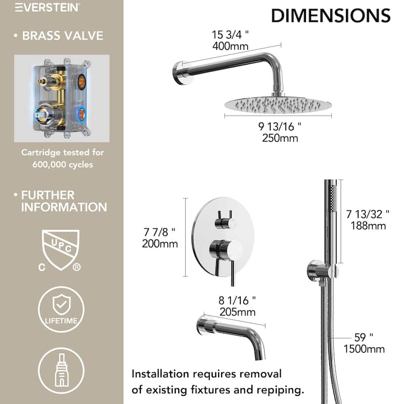 Pressure Balance 3-Functions Shower Head System, 10" Shower Faucet Set with Tub Faucet Spout