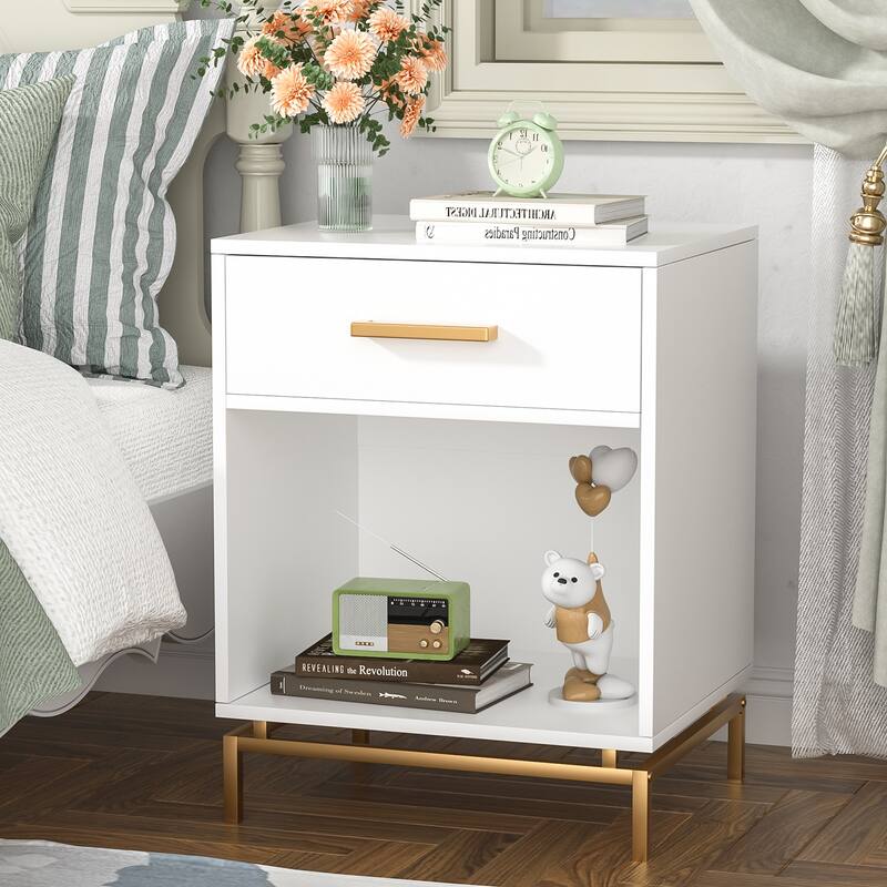 Anmytek Modern 1-Drawer White Nightstand Wood Bedside Table with Open Shelf (Set of 2)