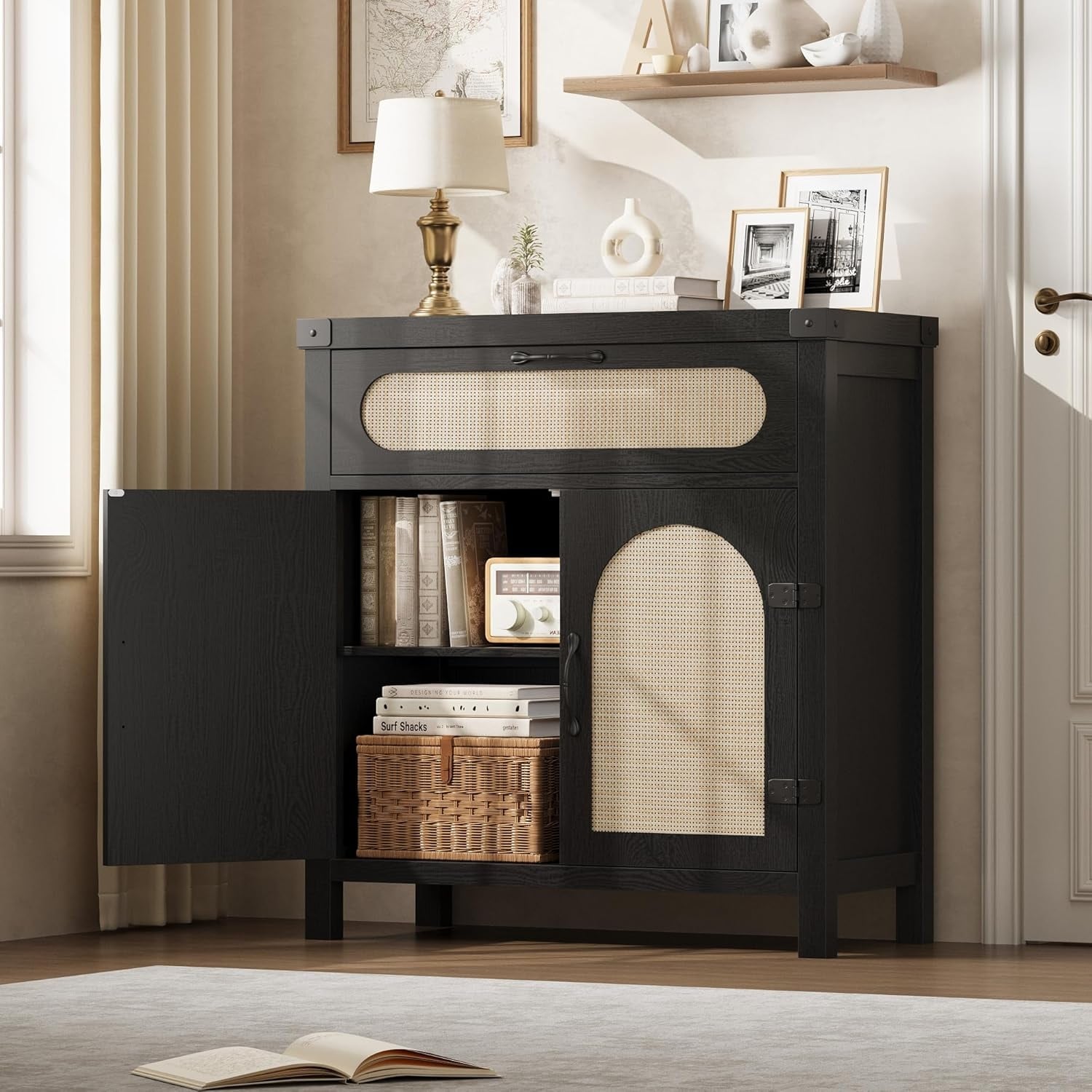 Small Rattan Buffet with Doors & Drawer, Boho Farmhouse Sideboard with Adjustable Shelves for Living Room