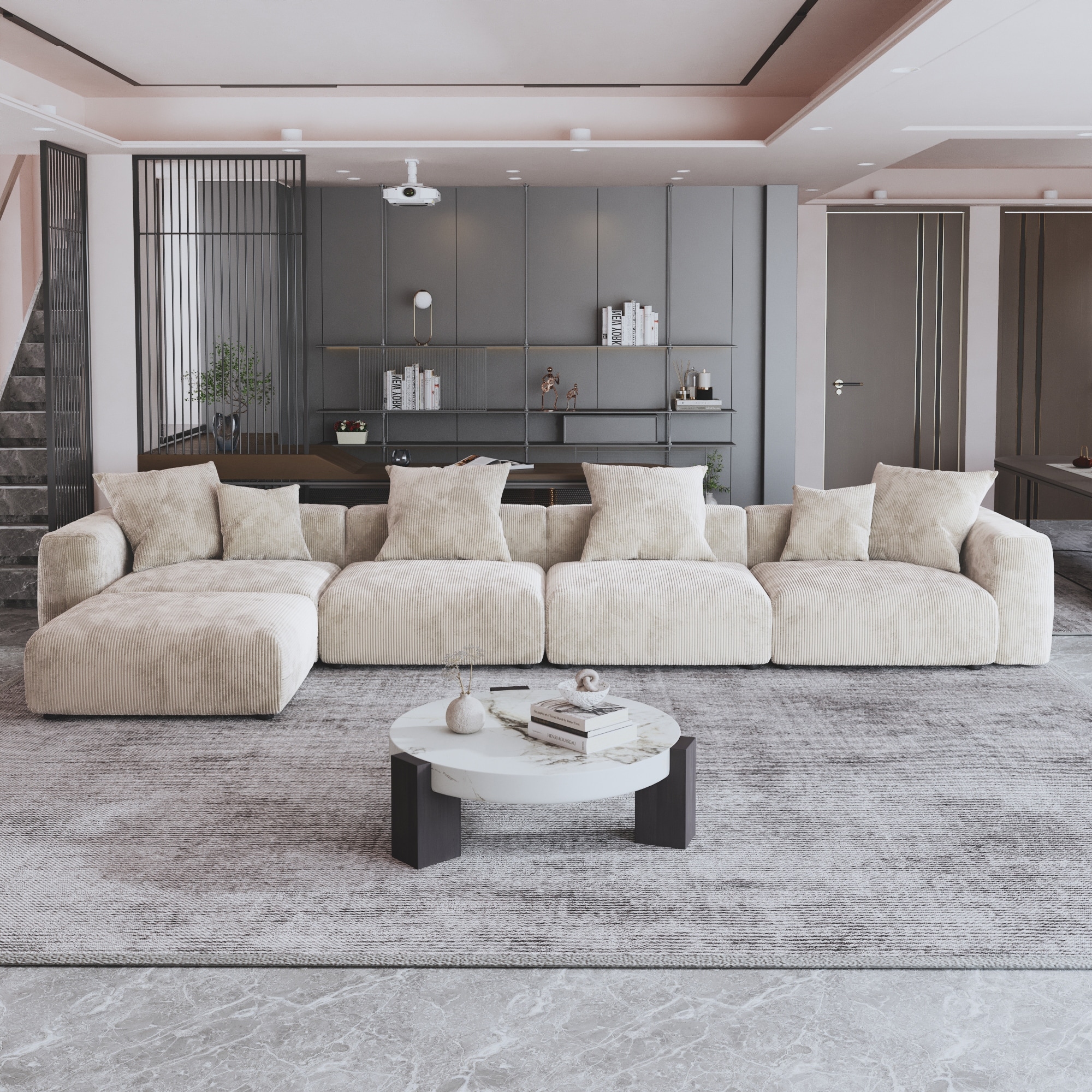 L Shaped Corduroy Upholstered Deep Seat Comfy Sectional Sofa with Solid Wood Legs for Living Room