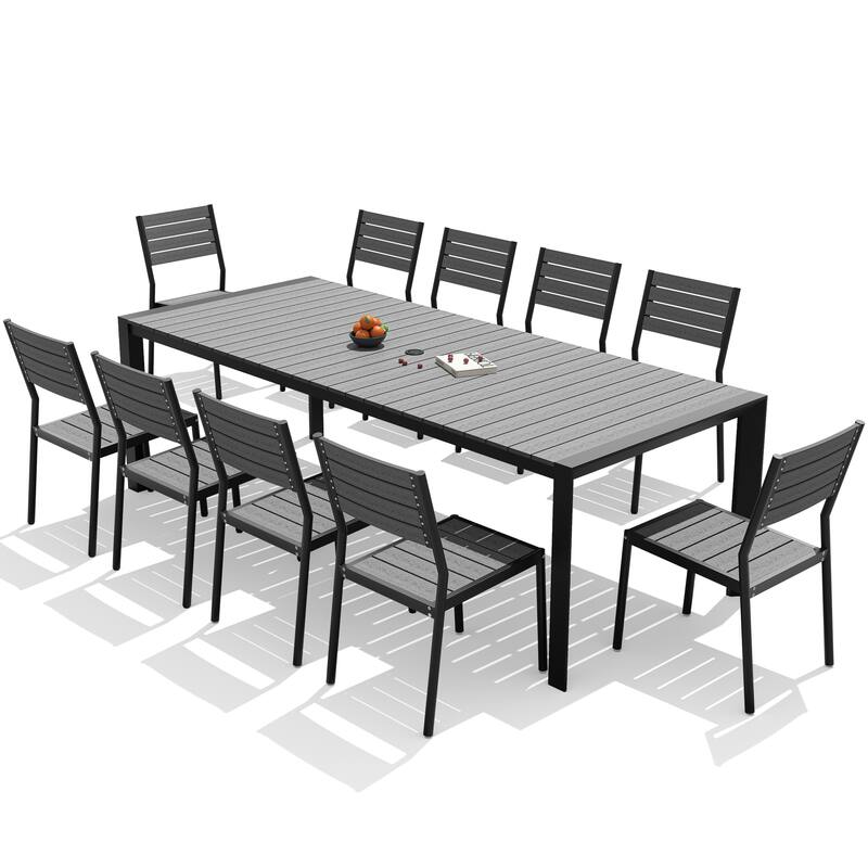 11-Piece Outdoor Patio Dining Set Wood Like Table Top Aluminum Rectangular Umbrella Hole Table with Stackable Chairs