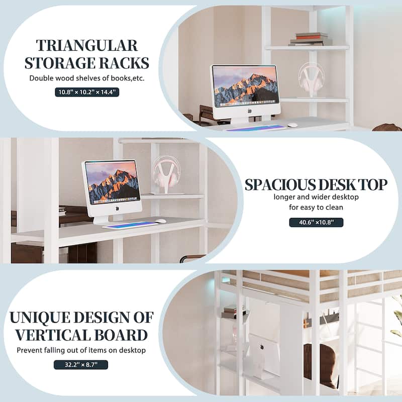 Futzca High Loft Bed Frame with Desk, Twin Size Bunk Bed