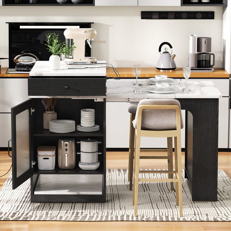 59.5" Kitchen Island with Extendable Dining Table Double-sided Storage and Built-in Power Outlet for Kitchen, Dining Room