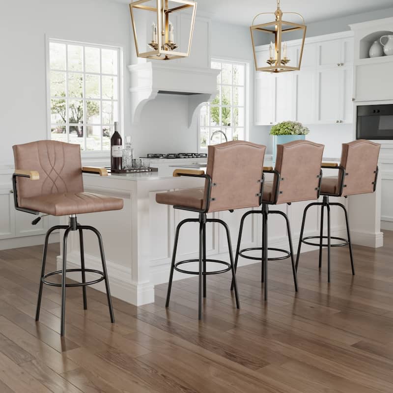 VECELO Set of 2/4 Velvet Bar Height Stools with Back, Upholstered Seat, Wood Armrests, Metal Legs, 30" Tall Bar Chairs - Set of 4 - Brown
