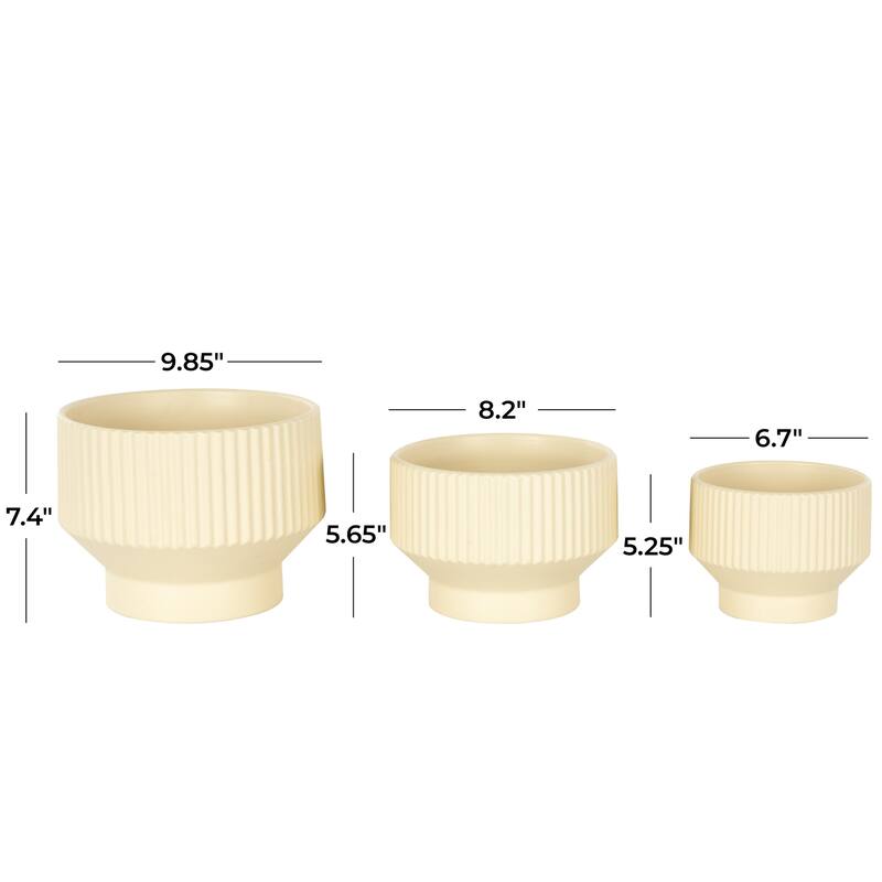 Ceramic Wide Indoor Outdoor Planter with Linear Grooves and Tapered Bases - Set of 3 Green, White, Cream - Roche River Decor