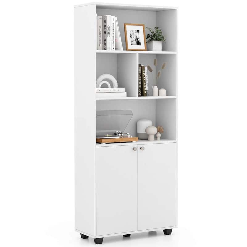 Costway 66" Tall Home 5 Tier Free Standing Bookshelf 2-Door Storage - See Details - White - See Details