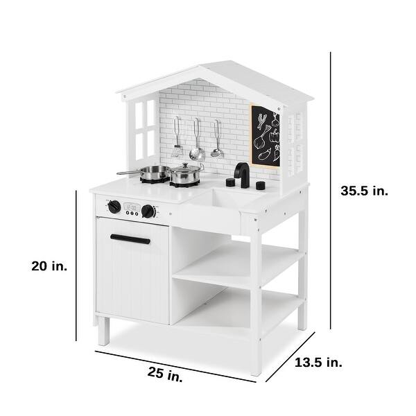 Pretend Play Wooden Farmhouse Kitchen Set w/ Storage, 5 Accessories