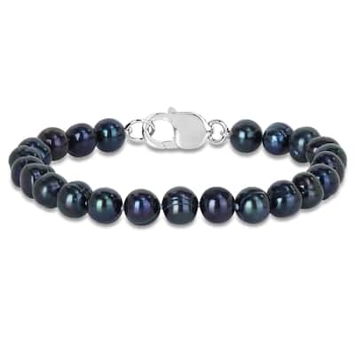 Miadora 8-8.5mm Men's Black Cultured Freshwater Pearl Bracelet with Sterling Silver