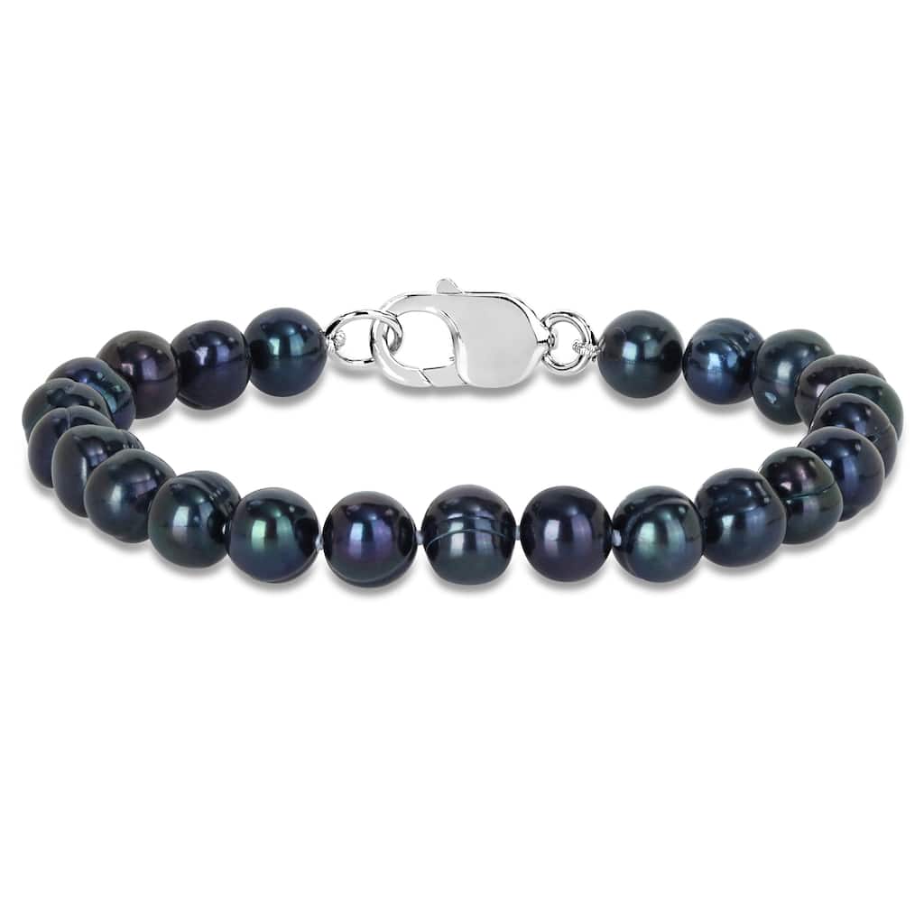 Miadora 8-8.5mm Men's Black Cultured Freshwater Pearl Bracelet with Sterling Silver