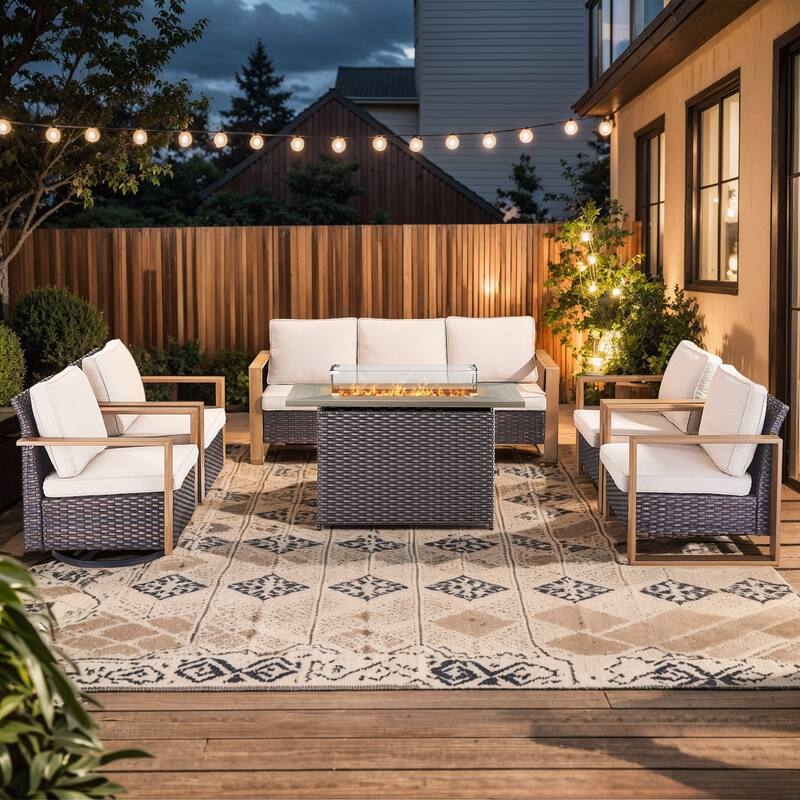 Pocassy 6 Pieces Outdoor Sofa Chair with Fire Pit Table Set - Beige cushion - Brown Wicker