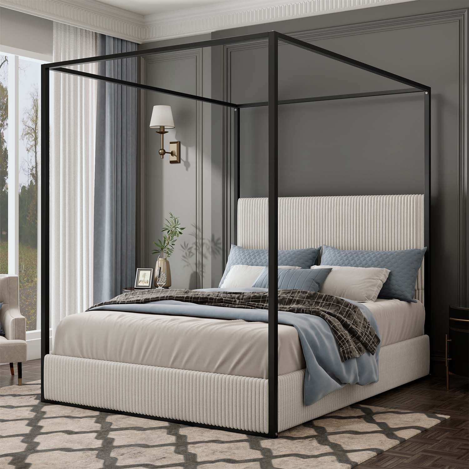 Luxurious Metal Canopy Bed with Plush Headboard for Ultimate Comfort