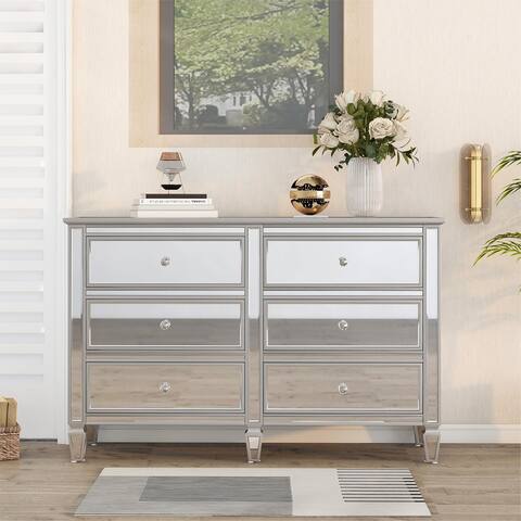 Elegant Mirrored Dresser with 6 Drawers, Silver Finished Dresser