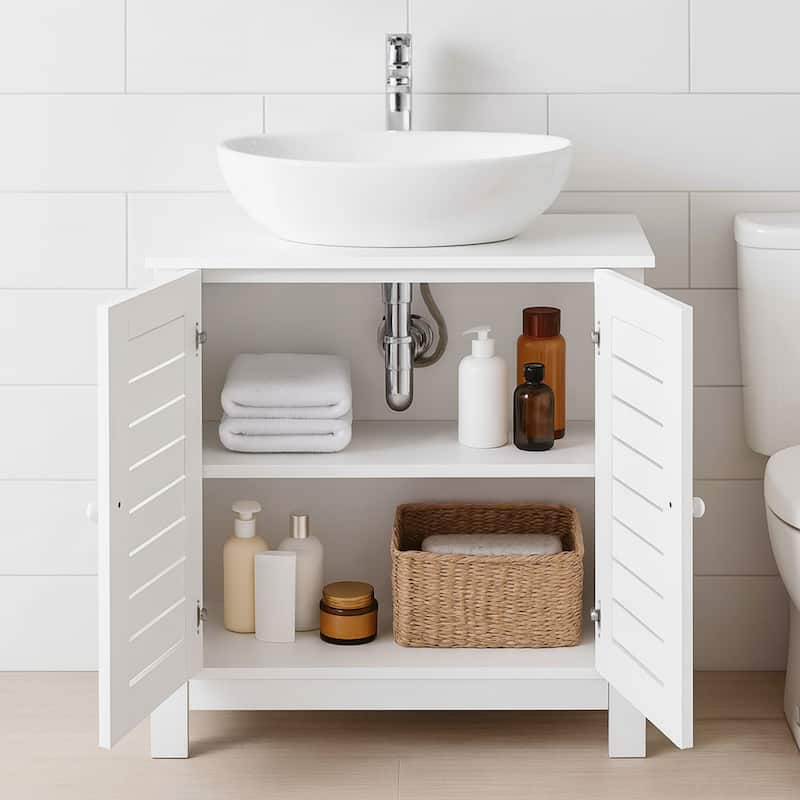 Santorin White Bathroom Vanity Under Sink Cabinet with U-Shaped Cut-Out, Double Vented Doors - 24"L x 11.8"D x 27.9"H