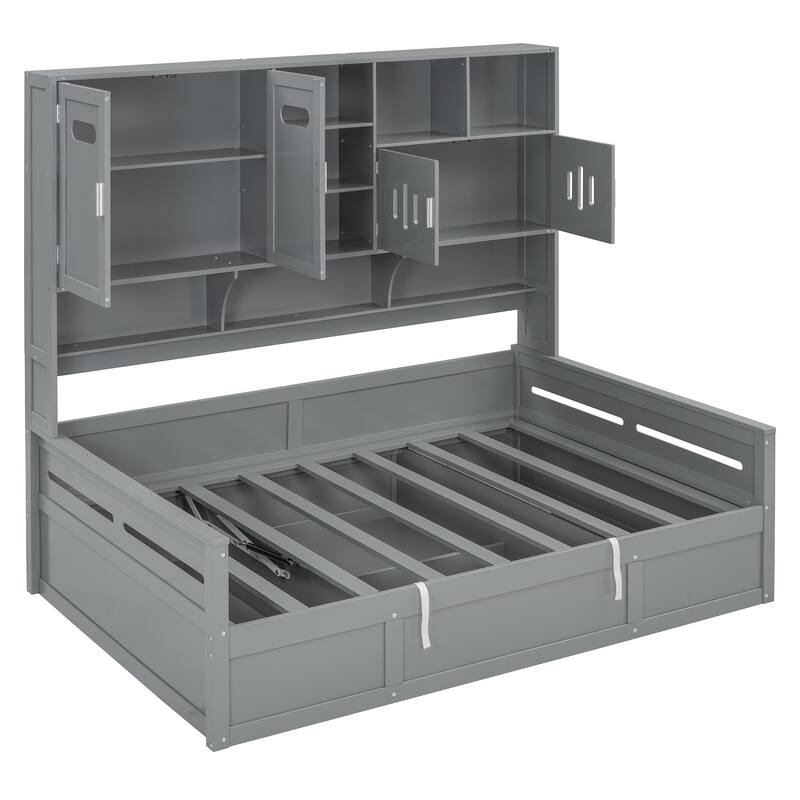 Full Size Bed Frame with All-in-One Bookcase, Full DayBed with Hydraulic Bed, Wood Platform Bed No Box Spring Needed