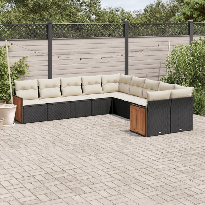 vidaXL Patio Sofa Set with Cushions Outdoor Conversation Furniture Poly Rattan - Black and Cream - 24.4 x 24.4 x 27.2