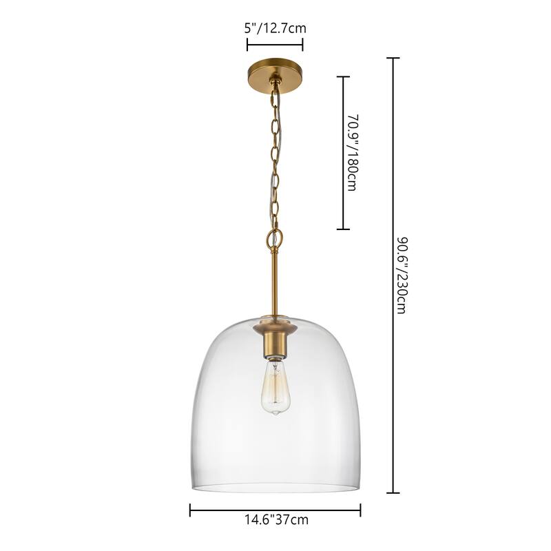 1-Light Golden Metal Curved Dome Bell-Shape Clear Glass Pendant Light - 14.5 in. W x 22.4 in. H