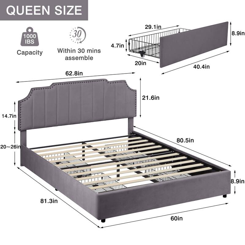 Javlergo Bed Frames with Storage Drawers Upholstered Bed with Tufted Headboard Princess Platform Bed with Wooden Slats Support